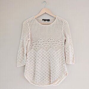 Cream Quarter Sleeve Open Weave Crochet Top Sweater Boho Cottage Fairy Women's M